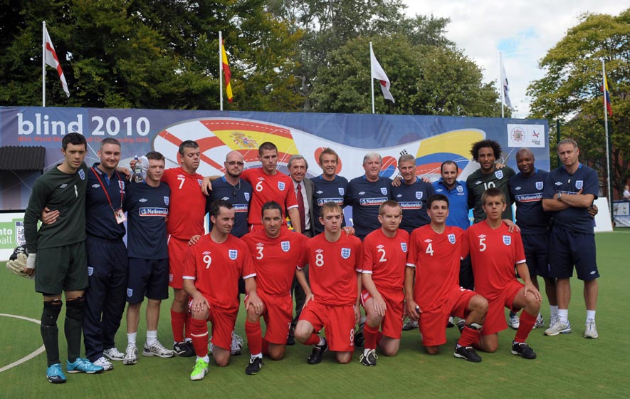 Gordon Banks stands alongside the England Blind Team after they finish fourth at the Blind World Championship.
